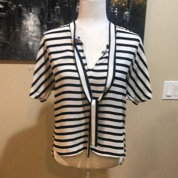 Express Black and White Stripe Tie Neck Blouse-Size Small - Picture 5 of 7